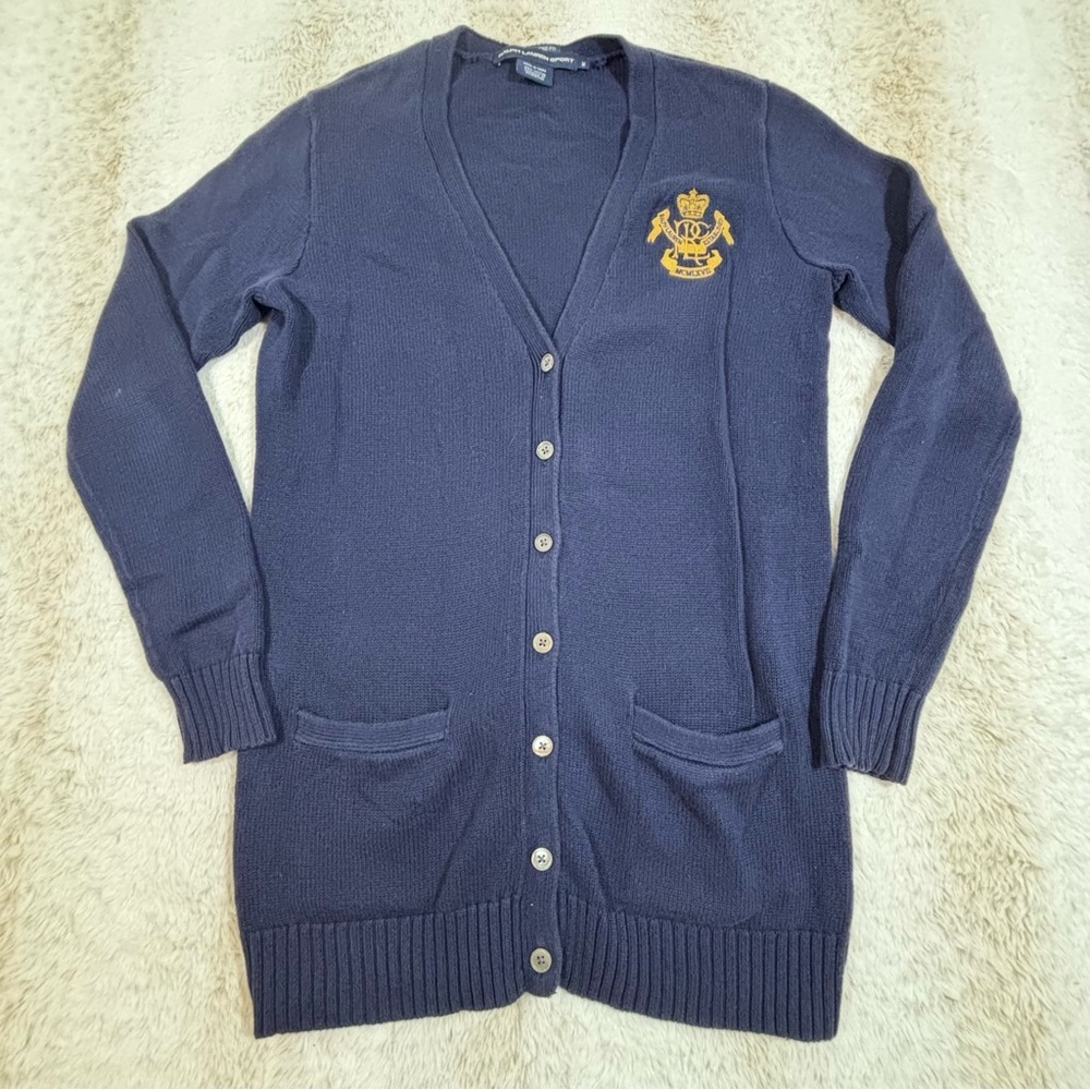 Ralph Lauren Sport Boyfriend Fit Cardigan Navy Crest Logo Cotton M